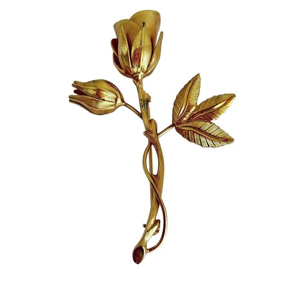 Goldtone Pin Brooch Single Long Stem Rose and Bud 2 5/8" - Picture 5 of 6